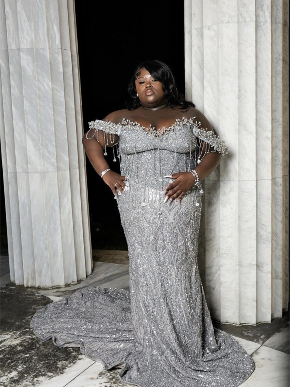 Silver Off-Shoulder Prom Gown Like New